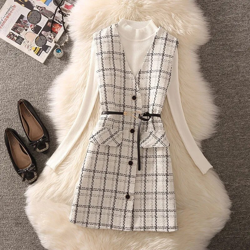 Vintage vidēja garuma rūtains tvīda veste sieviešu korejiešu 2 daļīgs komplekts, elegants dizains bez oderes veste un melns džempera uzvalks 2022