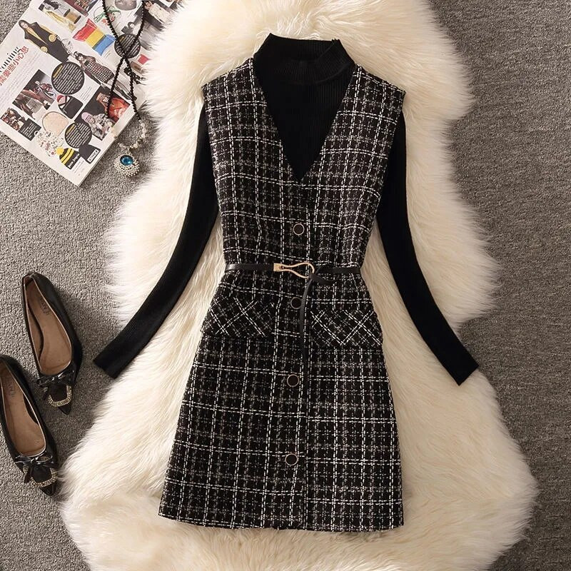 Vintage vidēja garuma rūtains tvīda veste sieviešu korejiešu 2 daļīgs komplekts, elegants dizains bez oderes veste un melns džempera uzvalks 2022