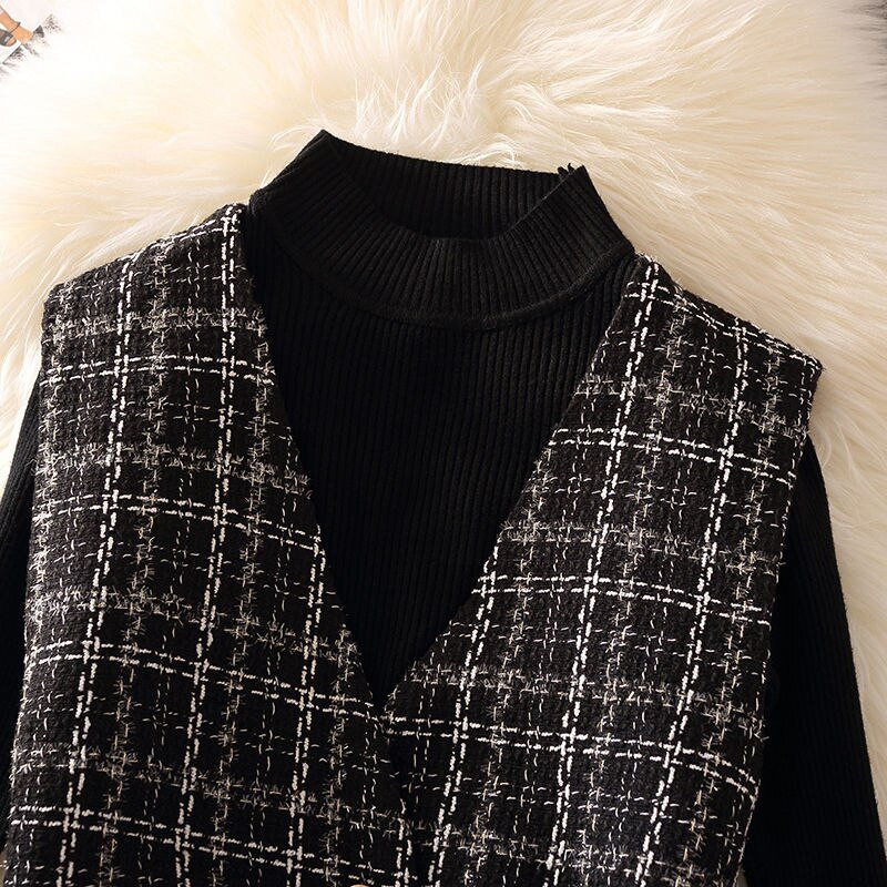 Vintage vidēja garuma rūtains tvīda veste sieviešu korejiešu 2 daļīgs komplekts, elegants dizains bez oderes veste un melns džempera uzvalks 2022