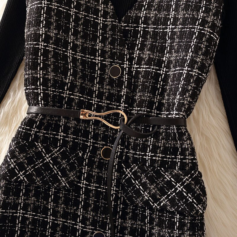 Vintage vidēja garuma rūtains tvīda veste sieviešu korejiešu 2 daļīgs komplekts, elegants dizains bez oderes veste un melns džempera uzvalks 2022