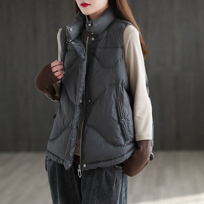 Ženska zimska jakna s bijelim prslukom s pačjim paperjem, samostojećim ovratnikom i patentnim zatvaračem, široka jakna bez rukava, ženski ultra lagani prsluk Kaput s pačjim paperjem