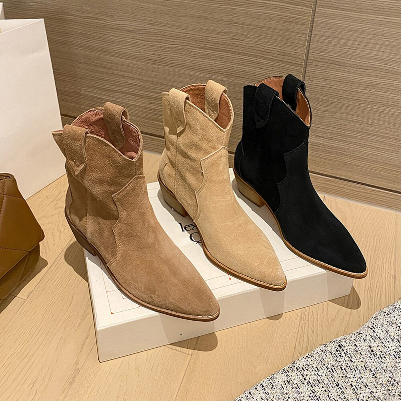 2022. gada ziemas klasiskie Chelsea zābaki sievietēm Govs zamšādas smails purngals, ķīļpapēžu zābaki, vienkārši, ērti sieviešu kovboju zābaki