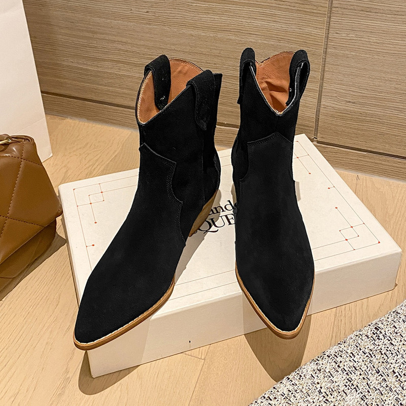 2022. gada ziemas klasiskie Chelsea zābaki sievietēm Govs zamšādas smails purngals, ķīļpapēžu zābaki, vienkārši, ērti sieviešu kovboju zābaki