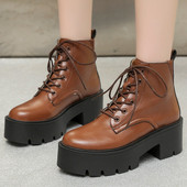 JMPRS Ženske gležnjače s debelom platformom Jesen 2022. Debele cipele na vezanje Ženske retro crne kratke čizme od pu kože