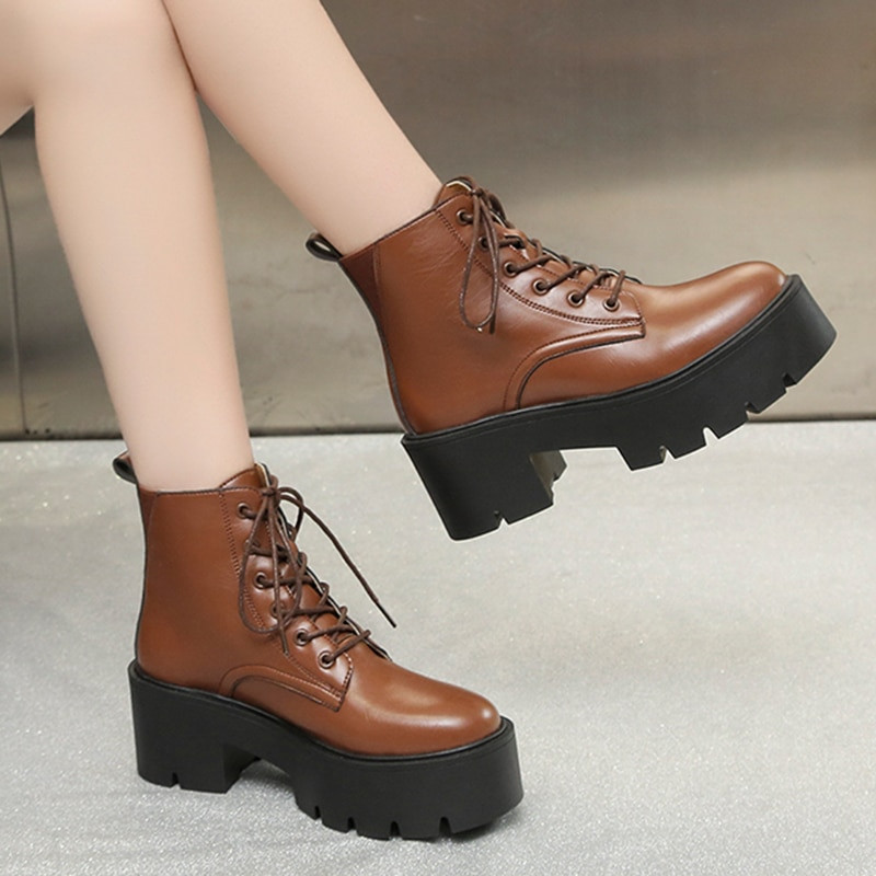 JMPRS Ženske gležnjače s debelom platformom Jesen 2022. Debele cipele na vezanje Ženske retro crne kratke čizme od pu kože