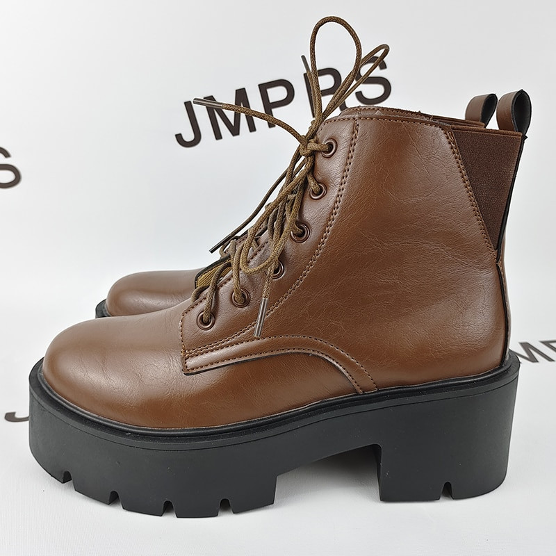 JMPRS Ženske gležnjače s debelom platformom Jesen 2022. Debele cipele na vezanje Ženske retro crne kratke čizme od pu kože