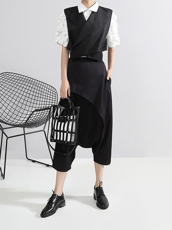 [EAM] Sieviešu brīva piegriezuma melna krusta šķelto locītavu temperamenta veste jauna atloks bez piedurknēm modes plūdmaiņas Pavasara rudens 2022 WD812