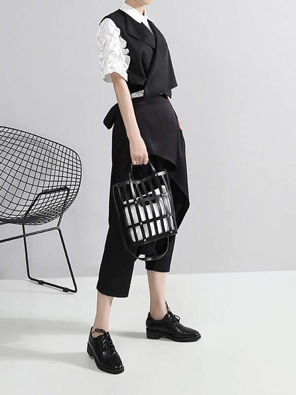 [EAM] Sieviešu brīva piegriezuma melna krusta šķelto locītavu temperamenta veste jauna atloks bez piedurknēm modes plūdmaiņas Pavasara rudens 2022 WD812