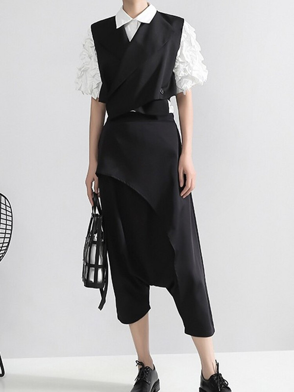 [EAM] Sieviešu brīva piegriezuma melna krusta šķelto locītavu temperamenta veste jauna atloks bez piedurknēm modes plūdmaiņas Pavasara rudens 2022 WD812