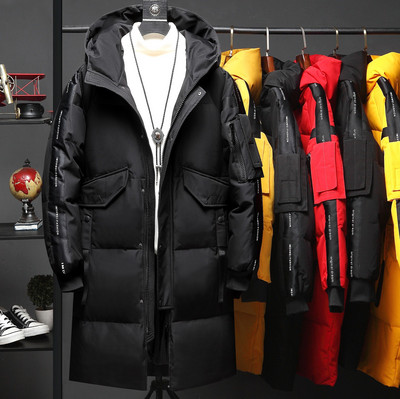 Vīriešu ziemas jauna dūnu jaka ar kapuci gara stila vīriešu un sieviešu tāds pats dūnu mētelis pusaudžiem modes balti pāri ar dūnu jaku