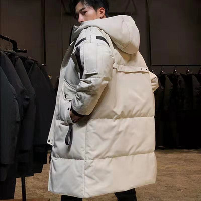 Vīriešu ziemas jauna dūnu jaka ar kapuci gara stila vīriešu un sieviešu tāds pats dūnu mētelis pusaudžiem modes balti pāri ar dūnu jaku