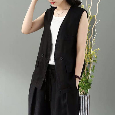 Idopy sieviešu lina kokvilnas veste biznesa formā, jauka, 3 pogām veste Elegants bezpiedurkņu mētelis virsdrēbju topi dāmām