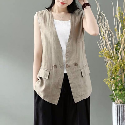 Idopy sieviešu lina kokvilnas veste biznesa formā, jauka, 3 pogām veste Elegants bezpiedurkņu mētelis virsdrēbju topi dāmām