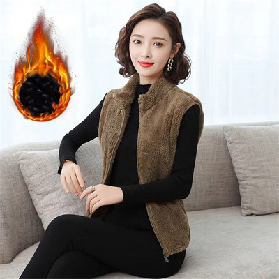 Divpusējas rudens ziemas žaketes ikdienas veste bez piedurknēm jaka Biezs mētelis Lielizmēra 4XL mākslīgā koraļļu vilnas plīša sieviešu veste