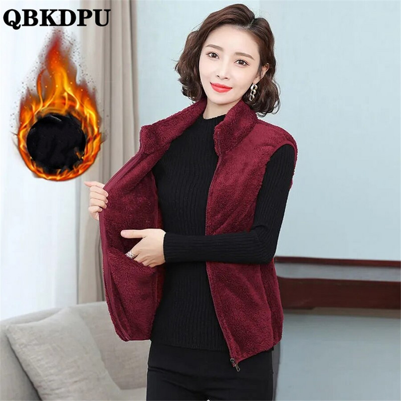 Divpusējas rudens ziemas žaketes ikdienas veste bez piedurknēm jaka Biezs mētelis Lielizmēra 4XL mākslīgā koraļļu vilnas plīša sieviešu veste