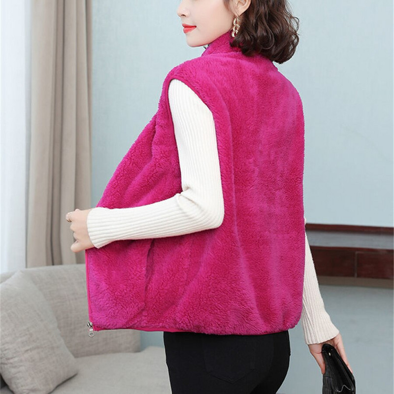 Divpusējas rudens ziemas žaketes ikdienas veste bez piedurknēm jaka Biezs mētelis Lielizmēra 4XL mākslīgā koraļļu vilnas plīša sieviešu veste