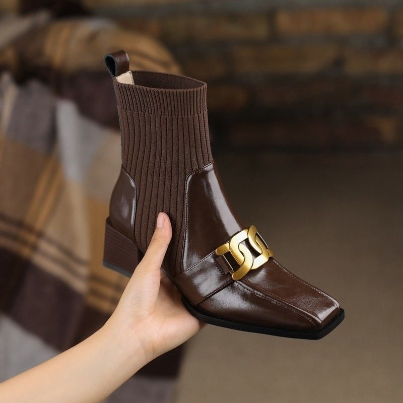 2021. gada jauni ziemas adīšanas sieviešu apavi Modes, grezni, vidēji papēži, silti sniega zābaki Chelsea Goth potītes, biezi zeķu zābaki Mujer Zapatos