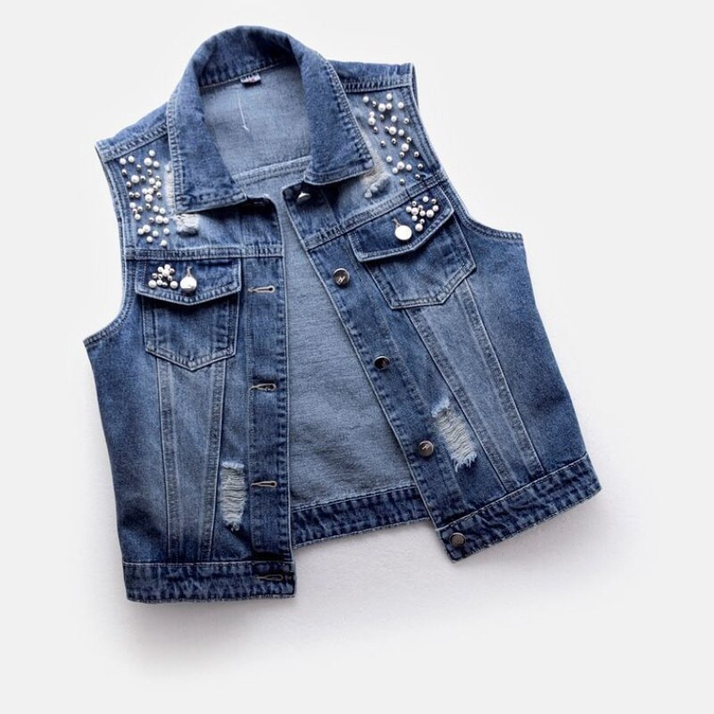 Modni traper prsluk s otvorenim rukavima Ženski luksuzni biseri Jesenska jeans jakna Ženski široki kratki kaput bez rukava Kauzalni prsluci 5XL