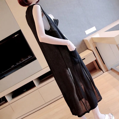 Ljetni pleteni prsluk Ženska odjeća Kaput srednje dužine Chaleco Mujer široki kardigan bez rukava Ležeran jednobojni prsluk