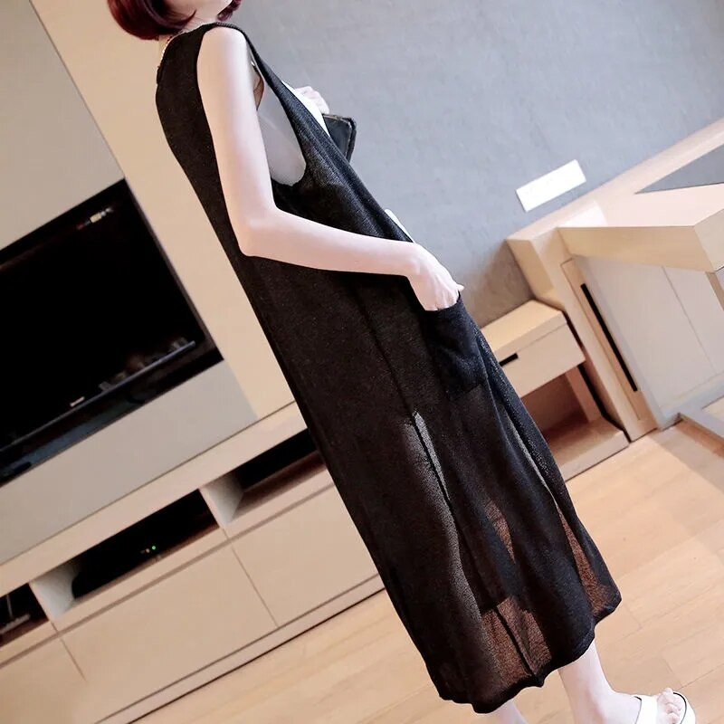 Ljetni pleteni prsluk Ženska odjeća Kaput srednje dužine Chaleco Mujer široki kardigan bez rukava Ležeran jednobojni prsluk