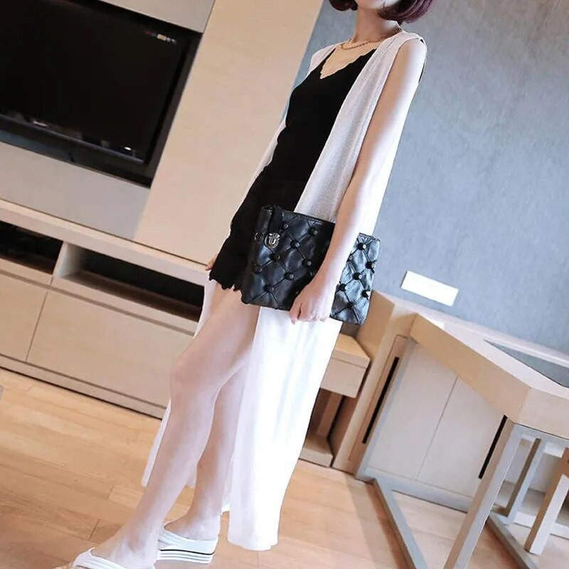 Ljetni pleteni prsluk Ženska odjeća Kaput srednje dužine Chaleco Mujer široki kardigan bez rukava Ležeran jednobojni prsluk