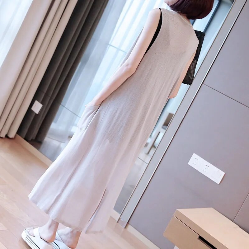 Ljetni pleteni prsluk Ženska odjeća Kaput srednje dužine Chaleco Mujer široki kardigan bez rukava Ležeran jednobojni prsluk