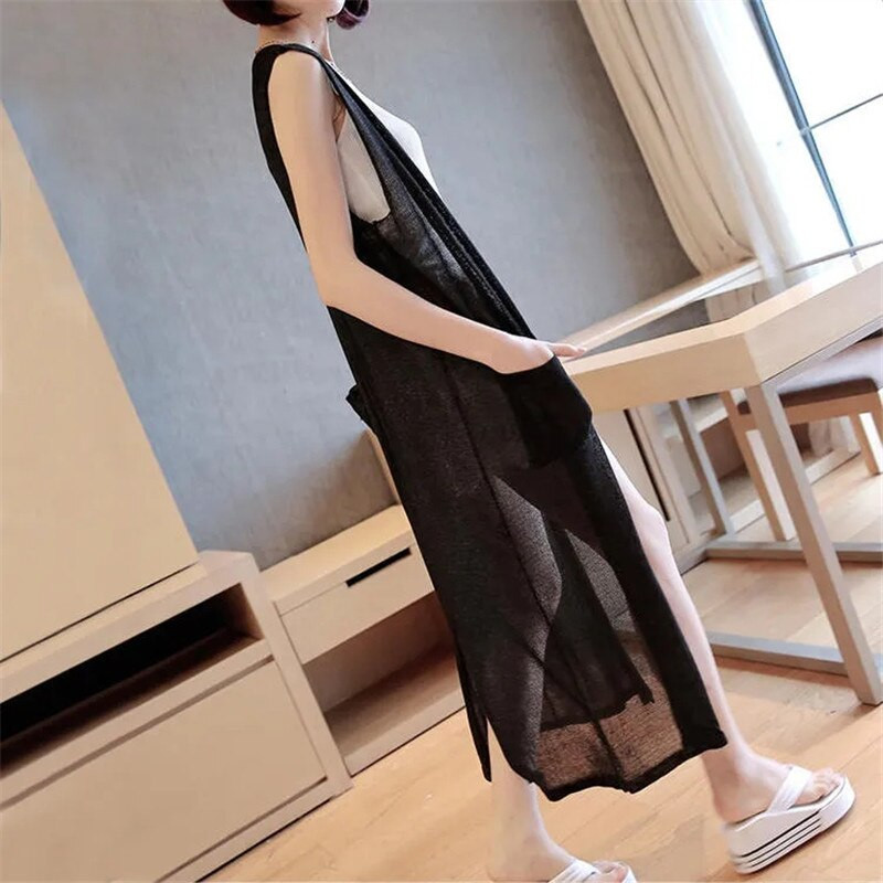 Ljetni pleteni prsluk Ženska odjeća Kaput srednje dužine Chaleco Mujer široki kardigan bez rukava Ležeran jednobojni prsluk