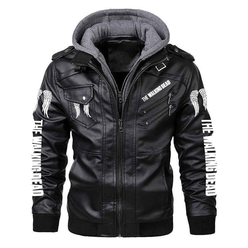 Férfi motoros motoros dzsekik The Walking Dead Daryl Dixon Angle Wings Print PU bőrkabát Őszi téli kapucnis felöltő S-5X