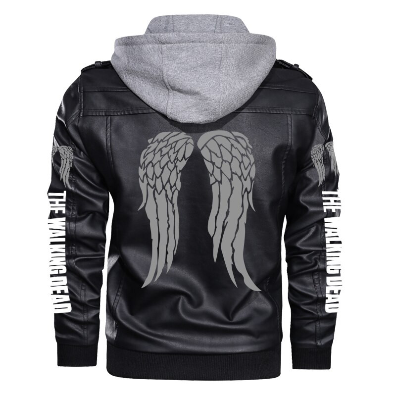 Férfi motoros motoros dzsekik The Walking Dead Daryl Dixon Angle Wings Print PU bőrkabát Őszi téli kapucnis felöltő S-5X