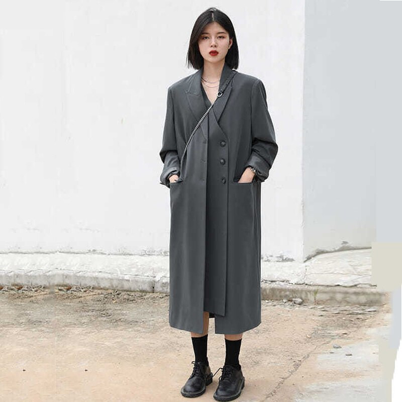 Žene Trench Temperament Femme Dizajnirana urezana dugačka vanjska odjeća Nepravilan minimalizam Harajuku Japanski krojeni Vintage Ins Mujer