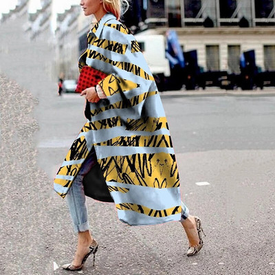 Trenčmēteļi Sieviešu vējjakas mētelis 2021. gada rudens ziema, jauns trompetes mēteļa apdruka ar garām piedurknēm, brīva ikdienas vējjaka