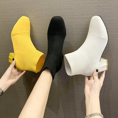 Stretch Sock Boots Γυναικεία Παπούτσια Τετράγωνο τακούνι Κίτρινο Πλεκτά παπούτσια Ελαστικά βαμβακερά μποτάκια Γυναικεία υποδήματα