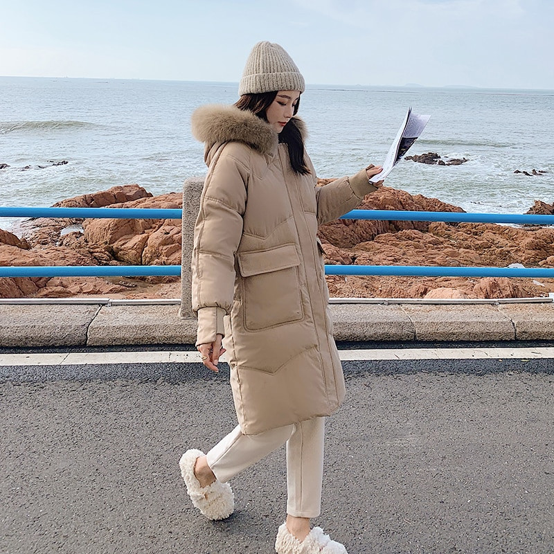 Ziemas sieviešu dūnu garās jakas, biezas, biezas, siltas kapuces ar pūkainu apkakli Lielizmēra modes kokvilnas polsterēti burbuļmēteļi