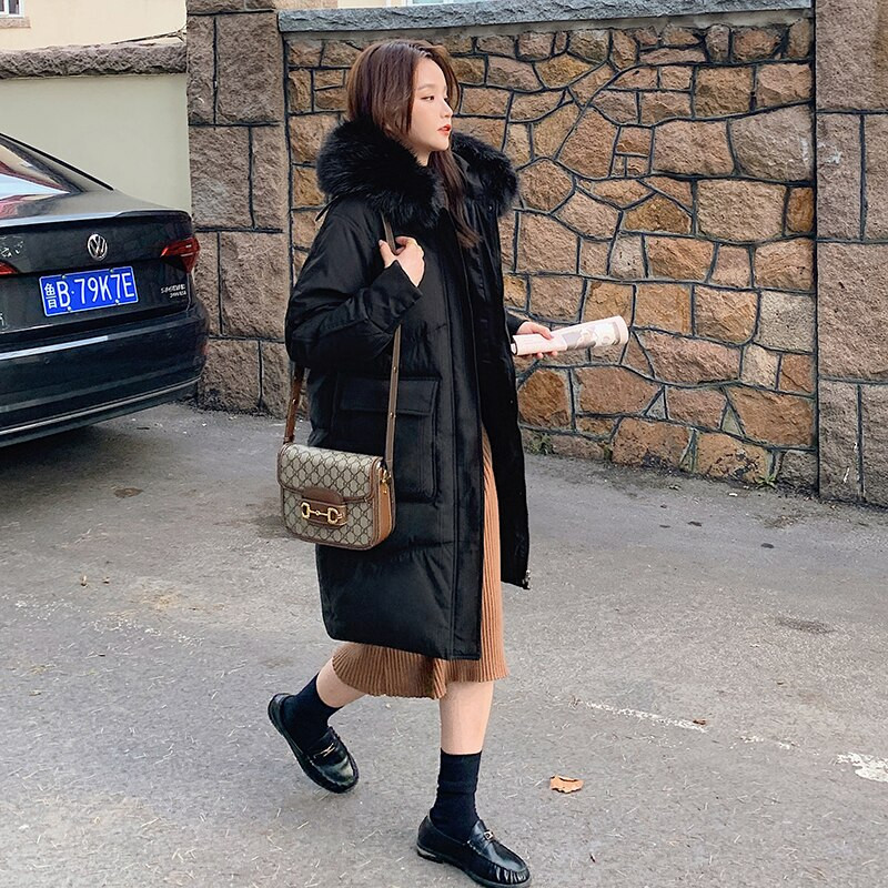 Ziemas sieviešu dūnu garās jakas, biezas, biezas, siltas kapuces ar pūkainu apkakli Lielizmēra modes kokvilnas polsterēti burbuļmēteļi