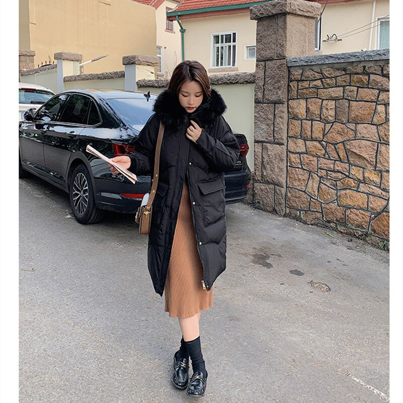 Ziemas sieviešu dūnu garās jakas, biezas, biezas, siltas kapuces ar pūkainu apkakli Lielizmēra modes kokvilnas polsterēti burbuļmēteļi