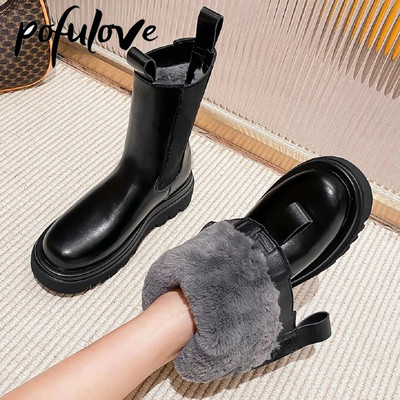 Pofulove Kailiniai Moteriški Žieminiai Batai Chelsea Boots Juodi Odiniai Batai Pliušiniai Šilta Platforma Stambūs Batai Mados Dizaineris Botas