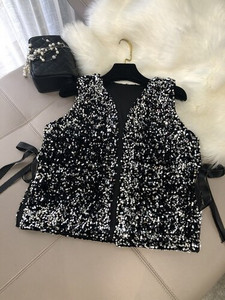 Μόδα Γυναικεία νέα βαριά βιομηχανία αστραφτερό γιλέκο παγιέτα φαρδιά δαντέλα κοντά Εκατό ασορτί πουκάμισα Μικρές μπλούζες ζακέτα