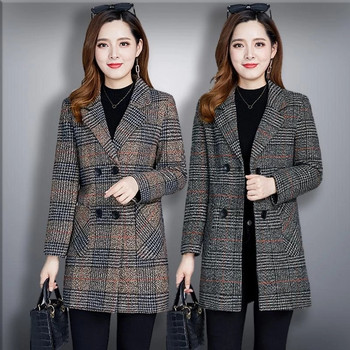 Wool Blend Coat Γυναικείο φθινοπωρινό χειμωνιάτικο μπουφάν ΝΕΟ Διπλό καρό παλτό μεσαίου μήκους μπουφάν Κομψά γυναικεία μάλλινα πανωφόρια 5XL