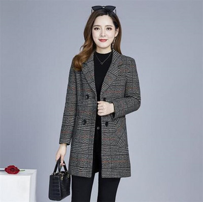 Kaput od mješavine vune Ženska jesensko-zimska jakna NOVO Karirane jakne s dvostrukim kopčanjem srednje dužine Elegantna ženska gornja odjeća od vune 5XL