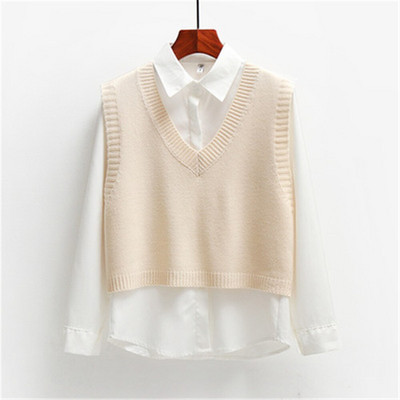 2021. gada rudens džempera veste Sieviešu korejiešu eleganta studentu džemperis ar V veida kakla izgriezumu, brīvs ikdienas adīšanas topi Virsdrēbes, veste, modes PZ3654