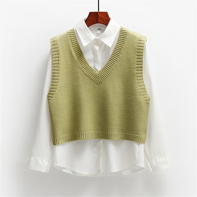 2021. gada rudens džempera veste Sieviešu korejiešu eleganta studentu džemperis ar V veida kakla izgriezumu, brīvs ikdienas adīšanas topi Virsdrēbes, veste, modes PZ3654