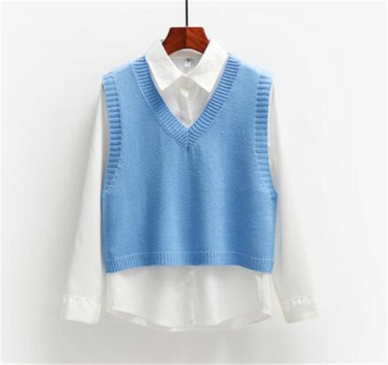 2021. gada rudens džempera veste Sieviešu korejiešu eleganta studentu džemperis ar V veida kakla izgriezumu, brīvs ikdienas adīšanas topi Virsdrēbes, veste, modes PZ3654