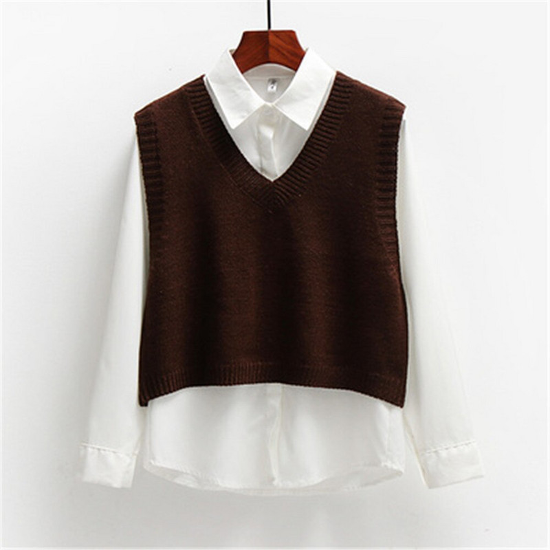 2021. gada rudens džempera veste Sieviešu korejiešu eleganta studentu džemperis ar V veida kakla izgriezumu, brīvs ikdienas adīšanas topi Virsdrēbes, veste, modes PZ3654