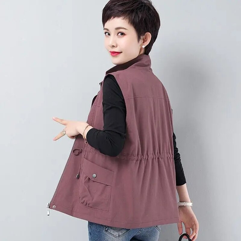 Sieviešu jostas dizaina Khaki gadījuma veste 2022. gada pavasarī, tievs viduklis, statīvs apkakle bez piedurknēm jaka Mātes oderējums Liela izmēra Chaleco Mujer