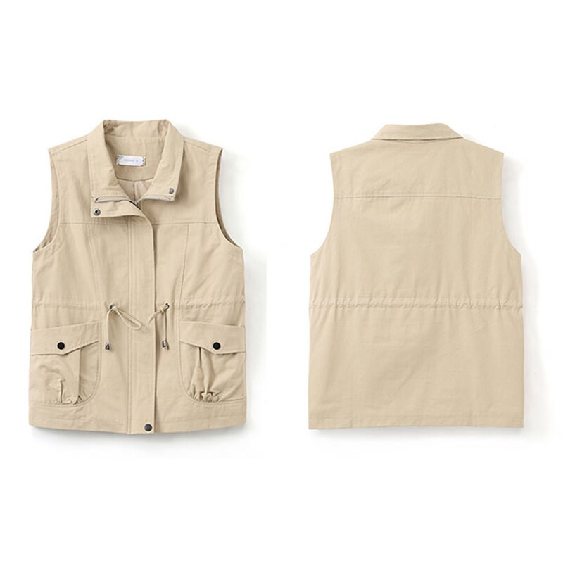 Sieviešu jostas dizaina Khaki gadījuma veste 2022. gada pavasarī, tievs viduklis, statīvs apkakle bez piedurknēm jaka Mātes oderējums Liela izmēra Chaleco Mujer