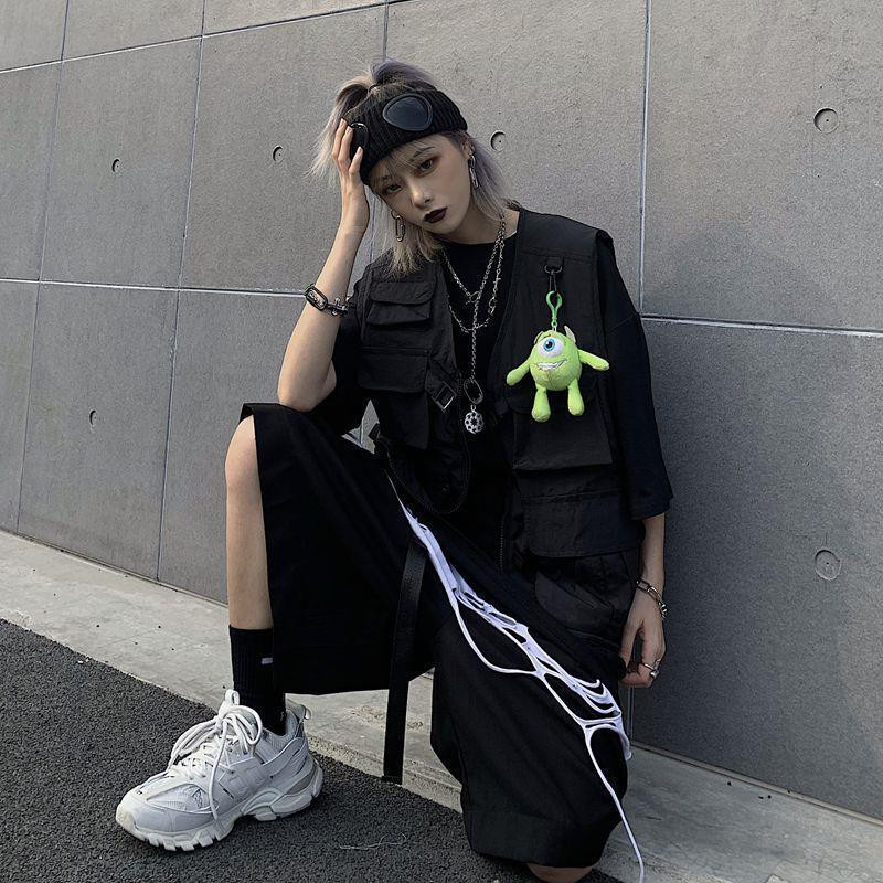 Prsluci Ženski crni kargo prsluci Harajuku korejski stil Raznobojni patentni zatvarači s V-izrezom Vrećasta gornja odjeća Unisex kaputi s alatom BF Hot Sale