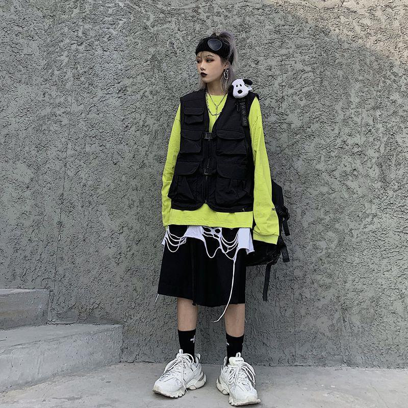 Prsluci Ženski crni kargo prsluci Harajuku korejski stil Raznobojni patentni zatvarači s V-izrezom Vrećasta gornja odjeća Unisex kaputi s alatom BF Hot Sale