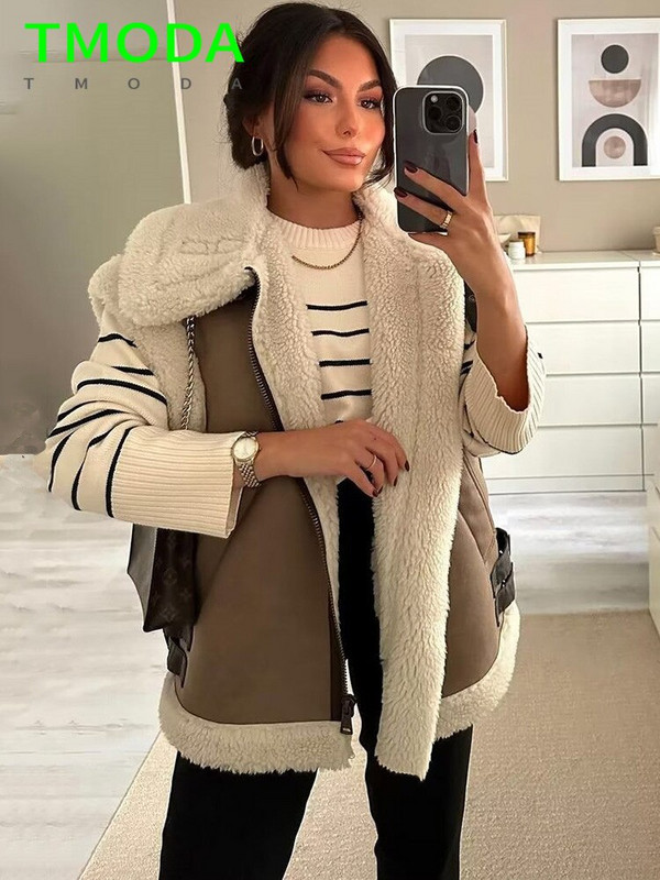 T MODA 2022 Ziemas sieviešu bieza, silta flīsa jaka Sieviešu modes splice bezpiedurkņu veste mētelis sieviešu elegants silts veste ārējais apģērbs