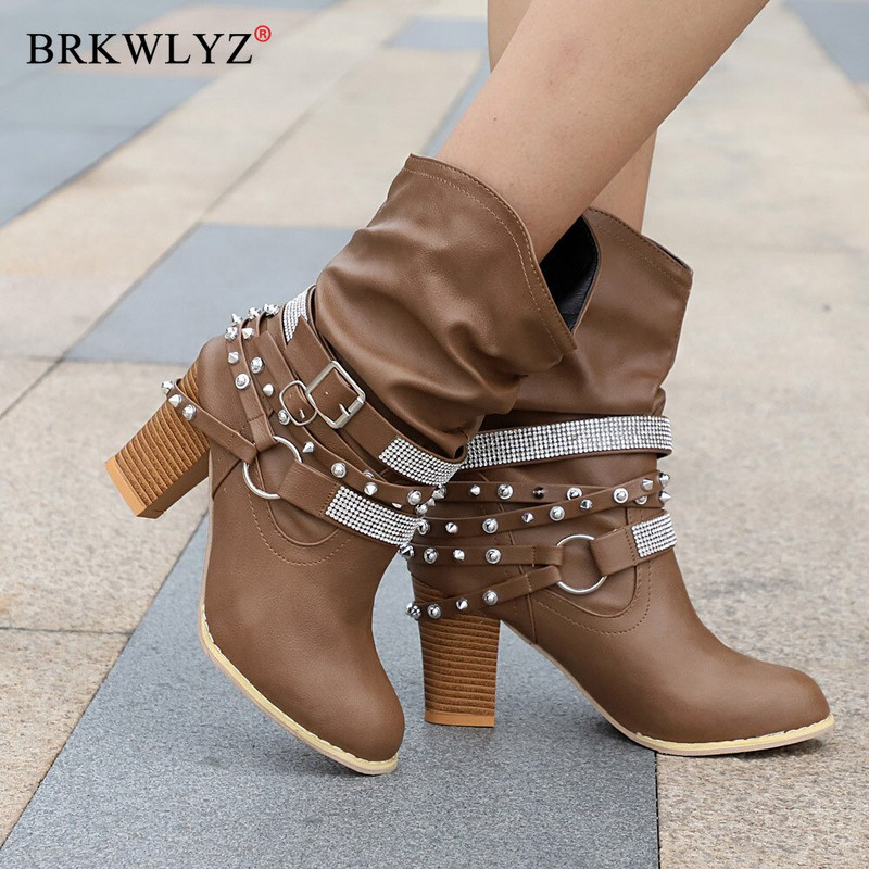 Čizme s kopčom na remen Ženske jesenske zimske retro PU kožne sjajne zakovice Polučizme na petu Zimske cipele Ženske Botines Mujer 2022