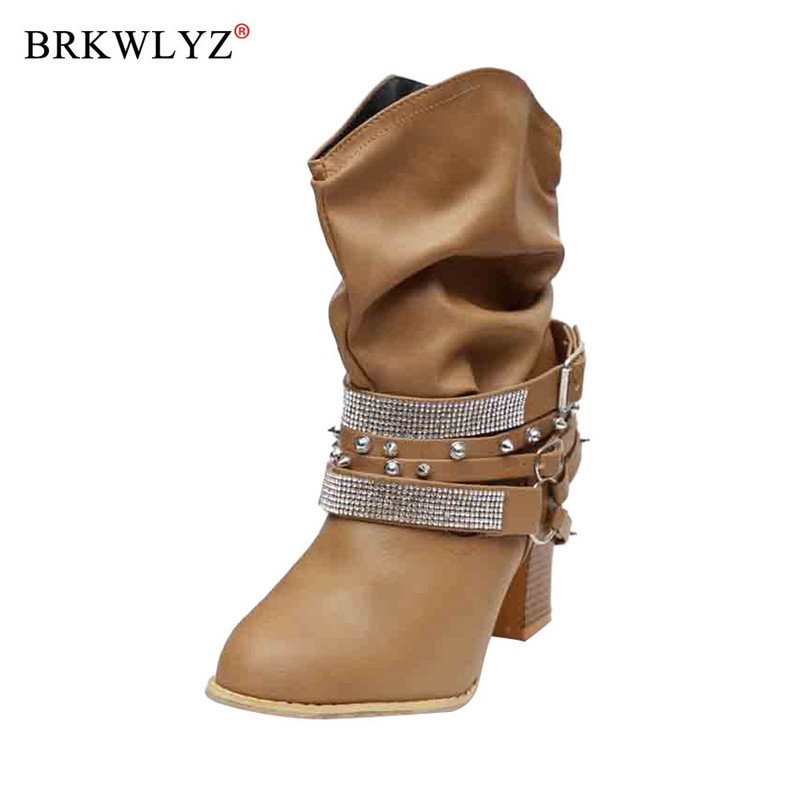 Čizme s kopčom na remen Ženske jesenske zimske retro PU kožne sjajne zakovice Polučizme na petu Zimske cipele Ženske Botines Mujer 2022